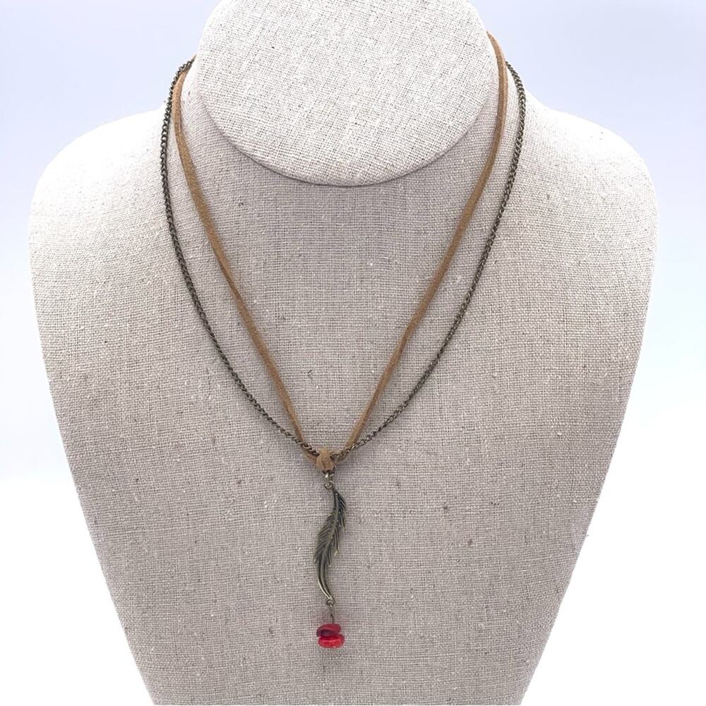 Nine West Vintage America Antiqued Gold-Tone Feather Leather Stone Necklace NWT